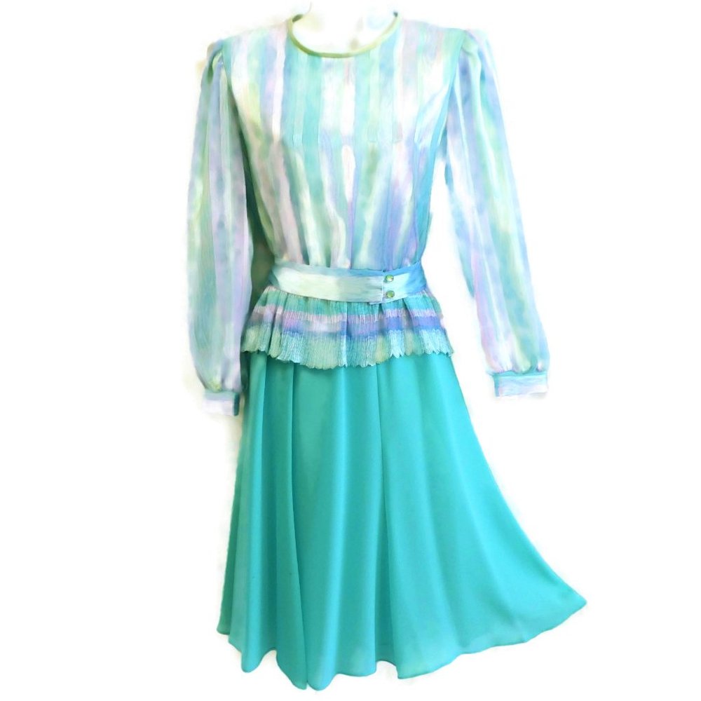 Vintage 70s Mavinette Silky Dress Secretary Pastel Turquoise Gathered Shoulders
